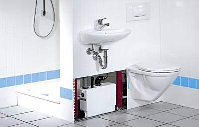 Kleinhebeanlage Sanipack, zur Aufstellung hinter einer Vorwand f&uuml;r die Aufnahme eines Wand-WC, mit zus&auml;tzlicher Anschlu&szlig;m&ouml;glichkeit f&uuml;r Waschtisch ...